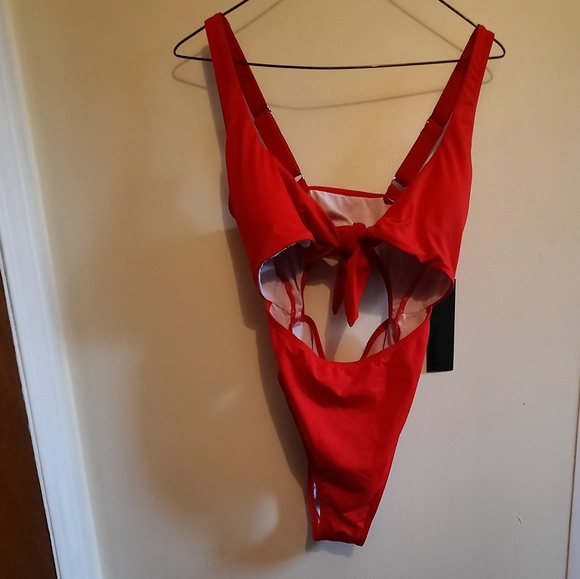 NWT Mono B Red Cutout Tie Front One Piece - Picture 1 of 12